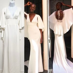 Christopher Paunil Womens Cream Elle A-Line Boatneck Wedding Gown Size 8